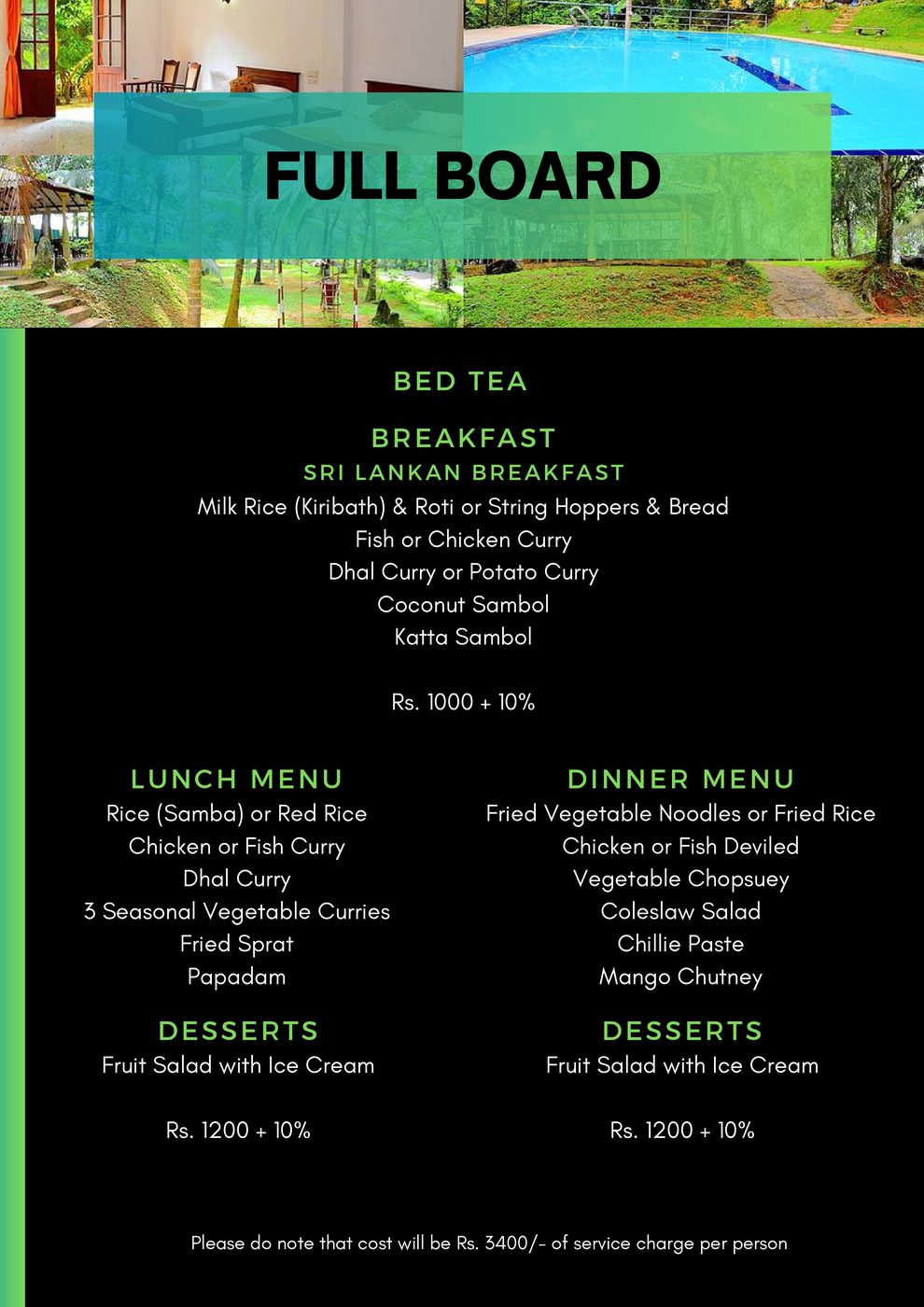 Full board meal plan menu