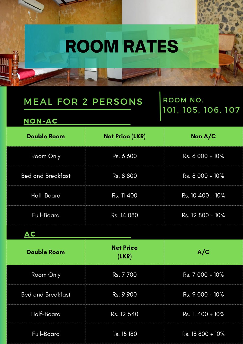 Double room rates - rooms 101, 105-107