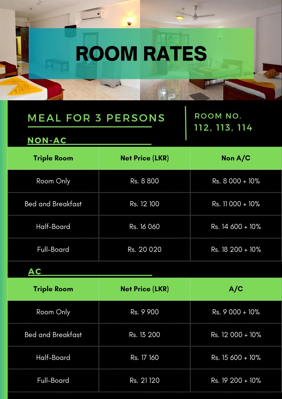 Triple room rates - rooms 112-114